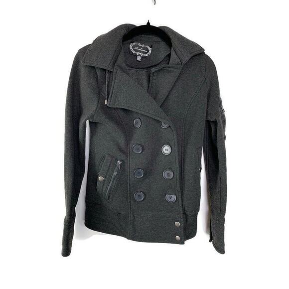 Womens Double-Breasted Gray Hooded Jacket Coat With Button Details Size S - Picture 1 of 5